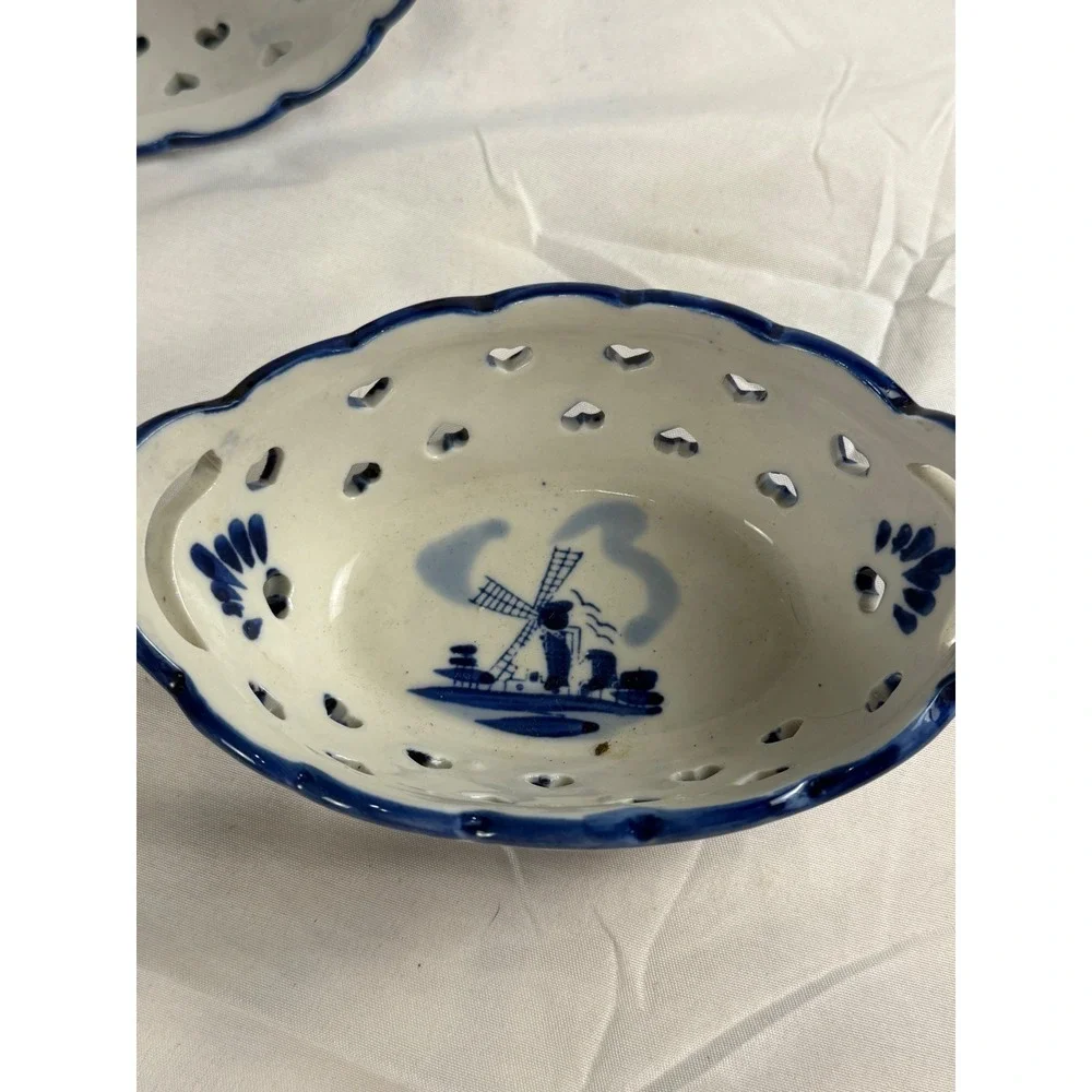 Vintage Delft Holland Ceramic Heart Cutout Windmill Nut Candy Bowls Set of 2